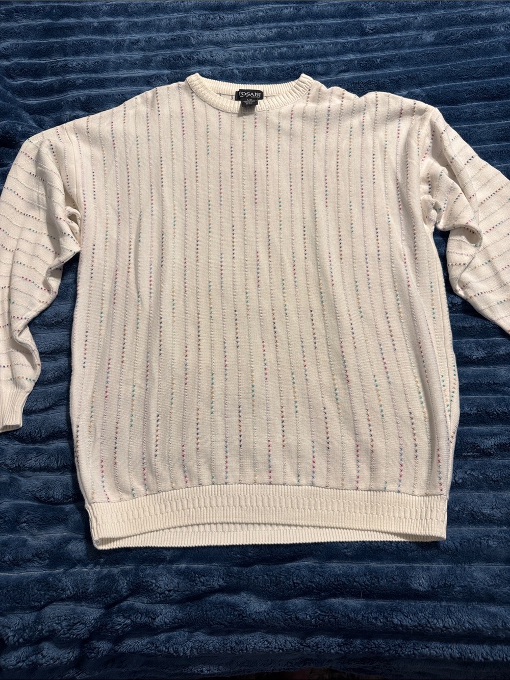 Jos A. Bank Cream Crewneck Sweater with Subtle Multicolor Pinstripes